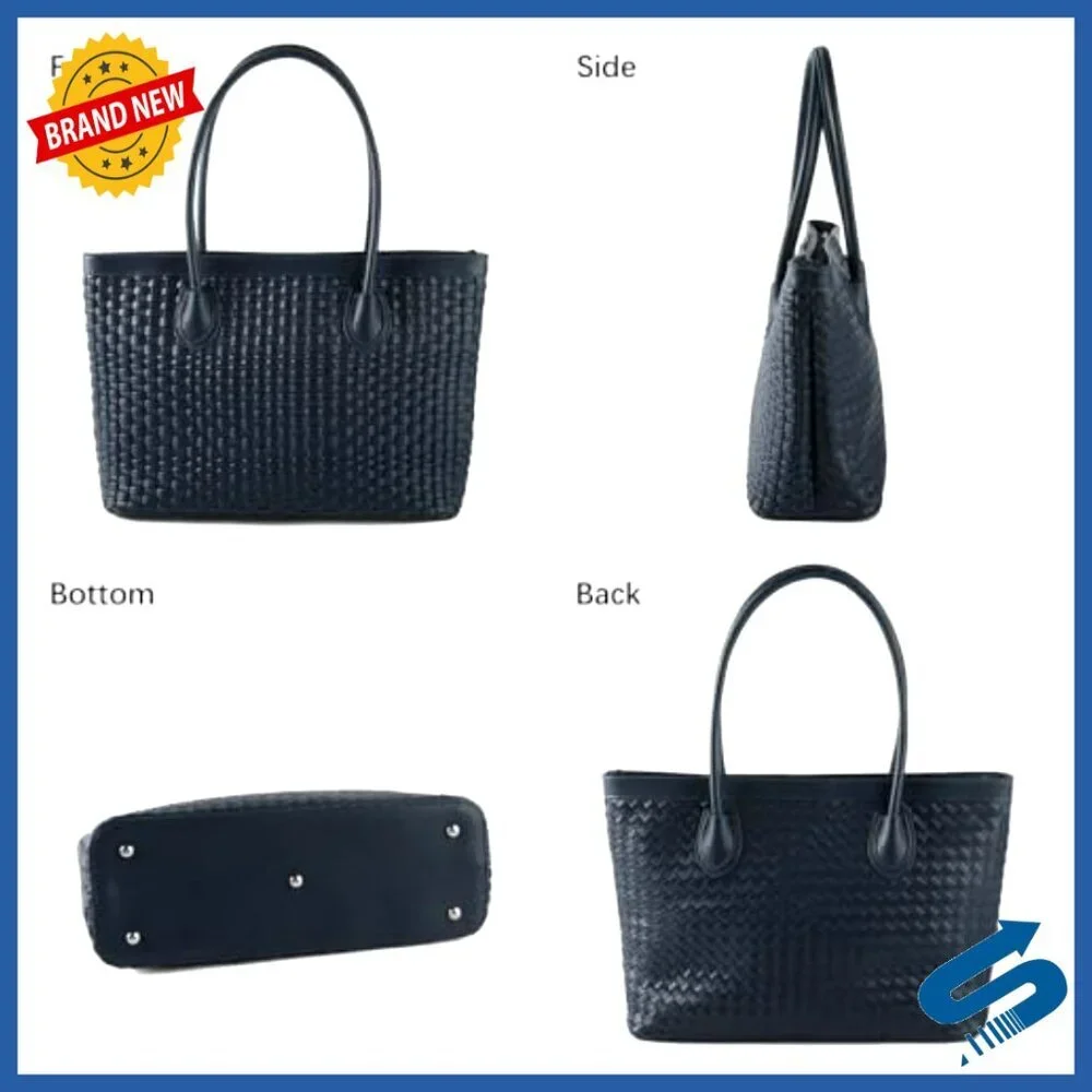 Vegan Leather Woven Tote Bag Handmade Shoulder Bag Zip Closure Travel Beach